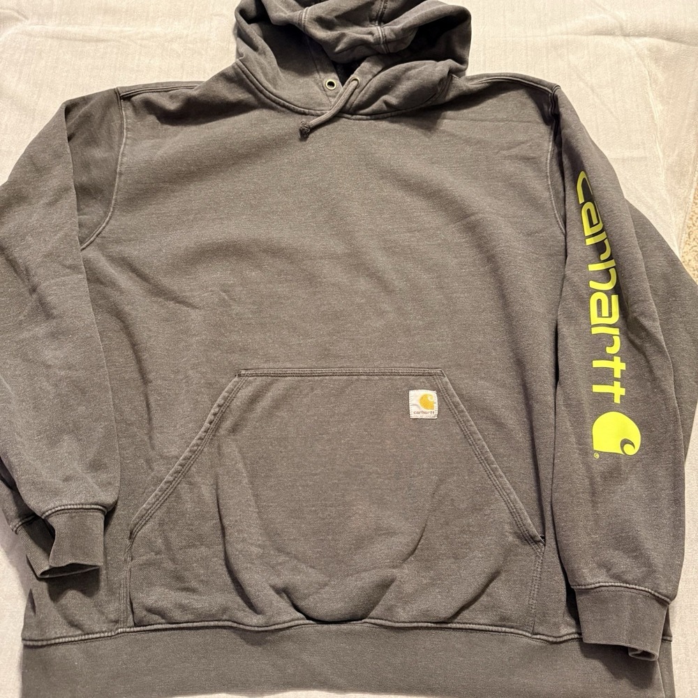 Carhartt Loose Fit Hoodie 2XL Gray Pullover Sweatshirt Sleeve Logo Workwear